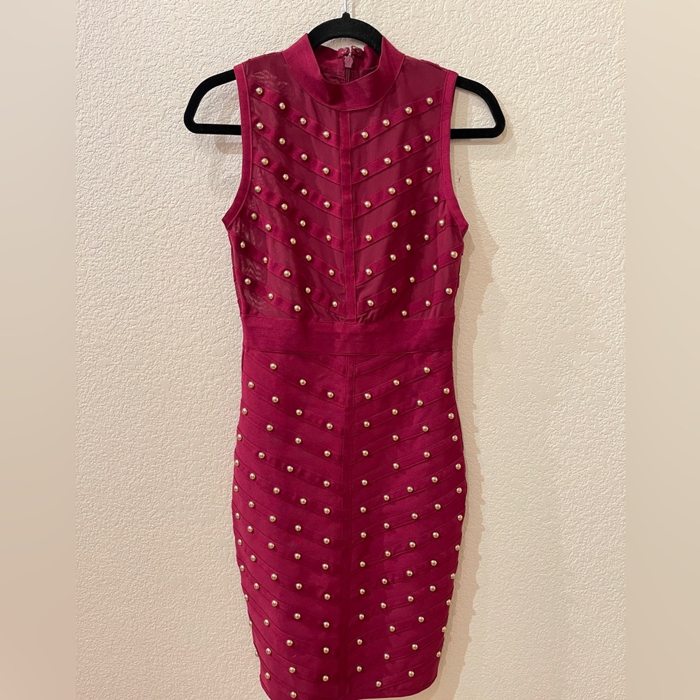 Wow Couture Bandage Dress Burgundy With Gold Beads